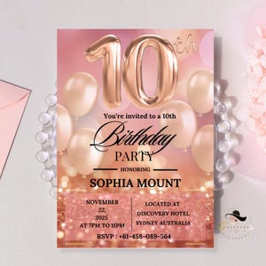Rosegold Geburtstagseinladungen zum 10. Geburtstag, digitale Einladung zum 10. Geburtstag, druckbare Geburtstagskarte zum 10