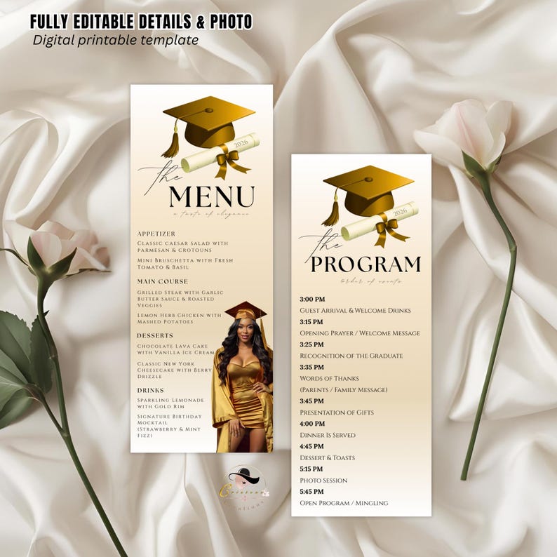 White Gold Graduation Menu and Program Card, Senior Grad Party Menu ...