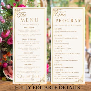 Szablon menu i programu White Gold, cyfrowe karty menu na przyjęcie urodzinowe, szablon programu wydarzenia, projekt menu na kolację ukończenia szkoły do druku