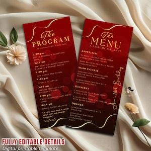 以下が含まれることがあります： 金色の文字が入った、2つの赤いイベントプログラムとメニューカード。プログラムカードにはイベントの詳細が記載され、メニューカードには前菜、メインコース、デザート、ドリンクが表示されています。18歳の誕生日のお祝い用のカードです。