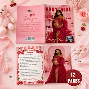 May include: A baby shower invitation booklet featuring a pink theme with cherry illustrations. The cover displays a pregnant person in a red gown, the text BABY GIRL, and a sonogram. The interior includes a thank you note and a special message.