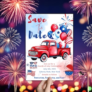 Invitación digital del 4 de julio, invitación estadounidense para la fiesta patriótica del 4 de julio, fiesta Save The Date en rojo, blanco y azul, Día de la Independencia de EE. UU.