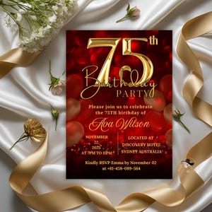 Digitale 75e verjaardagsuitnodiging vrouw Roodgouden 75e verjaardagsfeestje voor 75-jarige vrouw Afdrukbare kaart 75e verjaardag nodigt afternoon tea