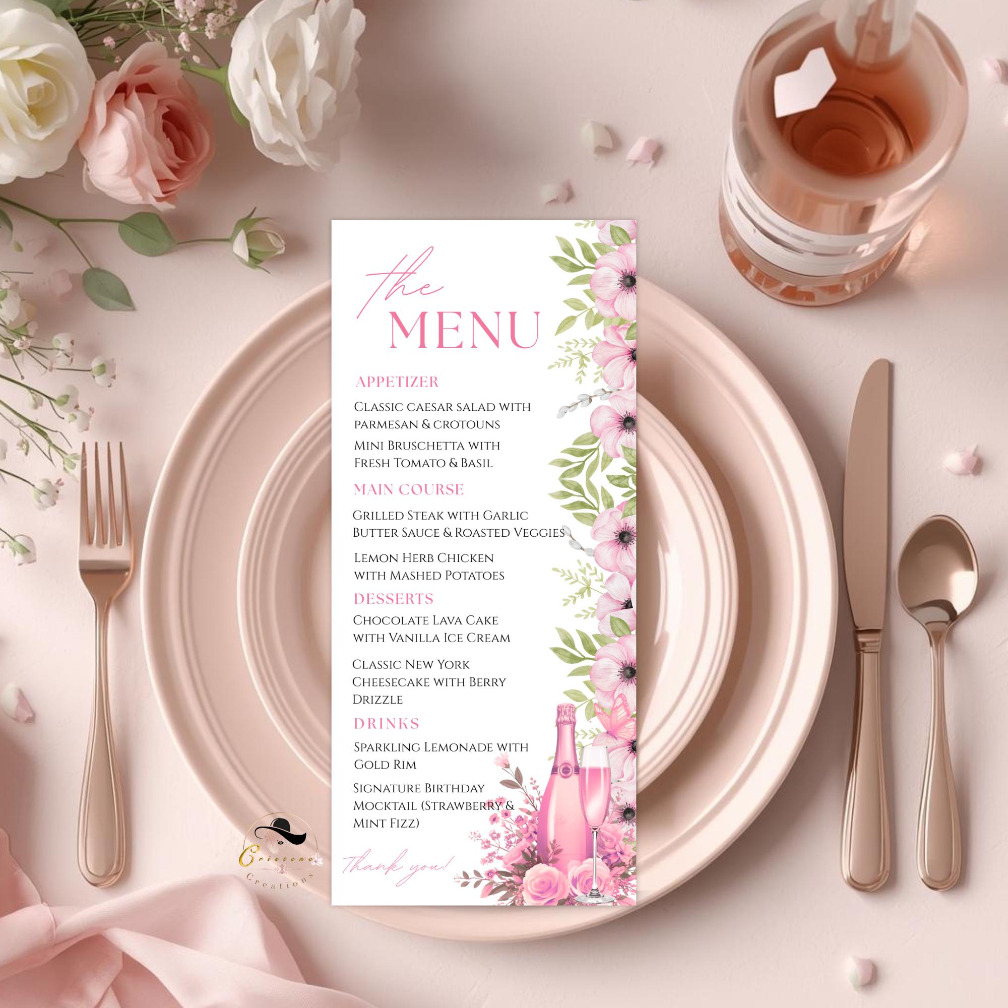 Pink Flowerbackdrop Menu Floral Menu Template, Pink Flowers, Elegant Printable (canva Editable ...