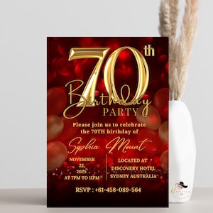 70.Geburtstagseinladung Vorlagen, 70.Geburtstagskarte, Rotgold, Party einladen, elegantes digitales Design für 70 Jahre alte Frau
