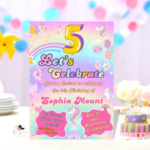 Invitation de licorne arc-en-ciel de 5e anniversaire, invitation de fête de cinquième anniversaire, carte imprimable numérique pastel pour l'anniversaire coloré de fille de cinq ans