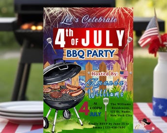 4 juli achtertuin BBQ-uitnodiging, Fourth of July cookout flyer, USA Independence Day, patriottisch rood wit blauw digitale afdrukbare sjabloon