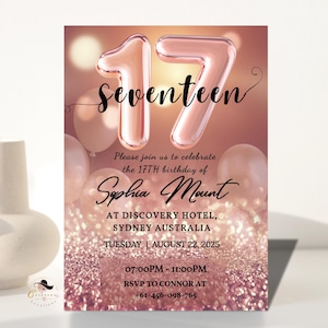 17 Geburtstag Einladungskarte, Siebzehn Mädchen Party einladen, Digitale Rose Gold Vorlage, druckbare rosa Karte 17 für Enkelin und Nichte