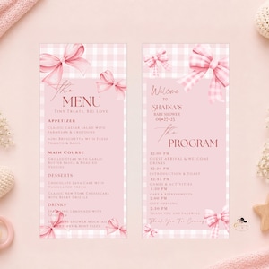 May include: Two pink baby shower cards, one a menu and the other a programme. The menu lists starters, main courses, desserts, and drinks. The programme details the baby shower schedule. Both cards feature pink bows and a gingham pattern.