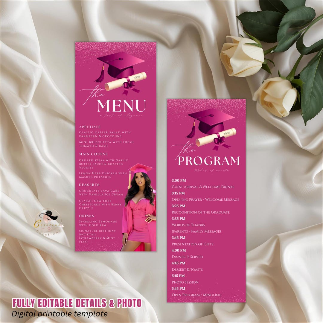 Pink Graduation Menu and Program Template, Elegant Dinner Party ...
