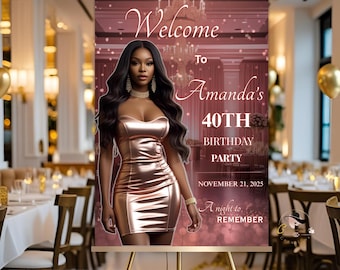 Rose Gold Birthday Dinner Welcome Sign with Photo, Elegant Birthday Party Entrance Board for Woman, Editable Canva Printable Template