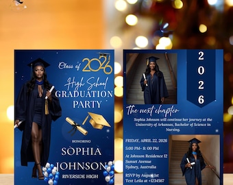 Senior Graduation Invitation with Photo, Blue Girl Grad Party Invite, Class of 2026 High School College, Editable Canva Printable Template