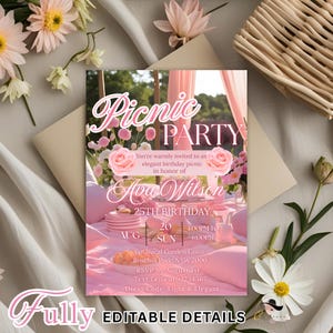 Invitation de fête d'anniversaire numérique pour pique-nique rose, invitation à une réunion de famille pour pique-nique, pique-nique d'été dans le parc, modèle de carte d'invitation Garden Party