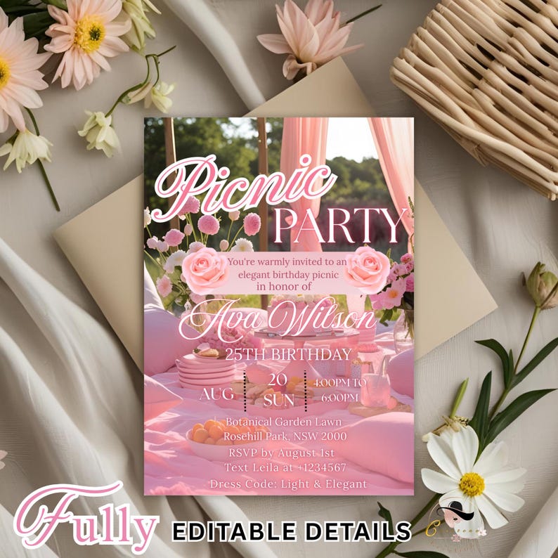 Elegant pink picnic party invitation for girl featuring soft florals, stylish table settings, and customizable event details. Fully editable template perfect for a birthday picnic, wedding picnic, family reunion picnic, kids birthday picnic, garden party, or any outdoor celebration. Editable in Canva with instant download, designed for personalisation to match your special occasion. This is digital download and printable invitation