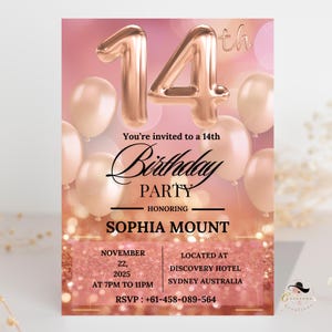 Rose Gold 14. Geburtstag Einladungskarte, druckbare und digitale Vierzehn Geburtstag Dinner Party, bearbeitbare rosa Vorlage für Teenager Mädchen