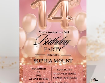Rose gold 14th Birthday Invitation Card, Printable and Digital Fourteen Birthday Dinner Party, Editable Pink Template for Teenager Girl