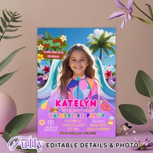 May include: A party invitation featuring a young girl in a swimsuit on a waterslide. The invitation is for a 10th birthday "Waterslide Party" with details including the date, time, and RSVP information. The invitation is purple with colorful graphics.