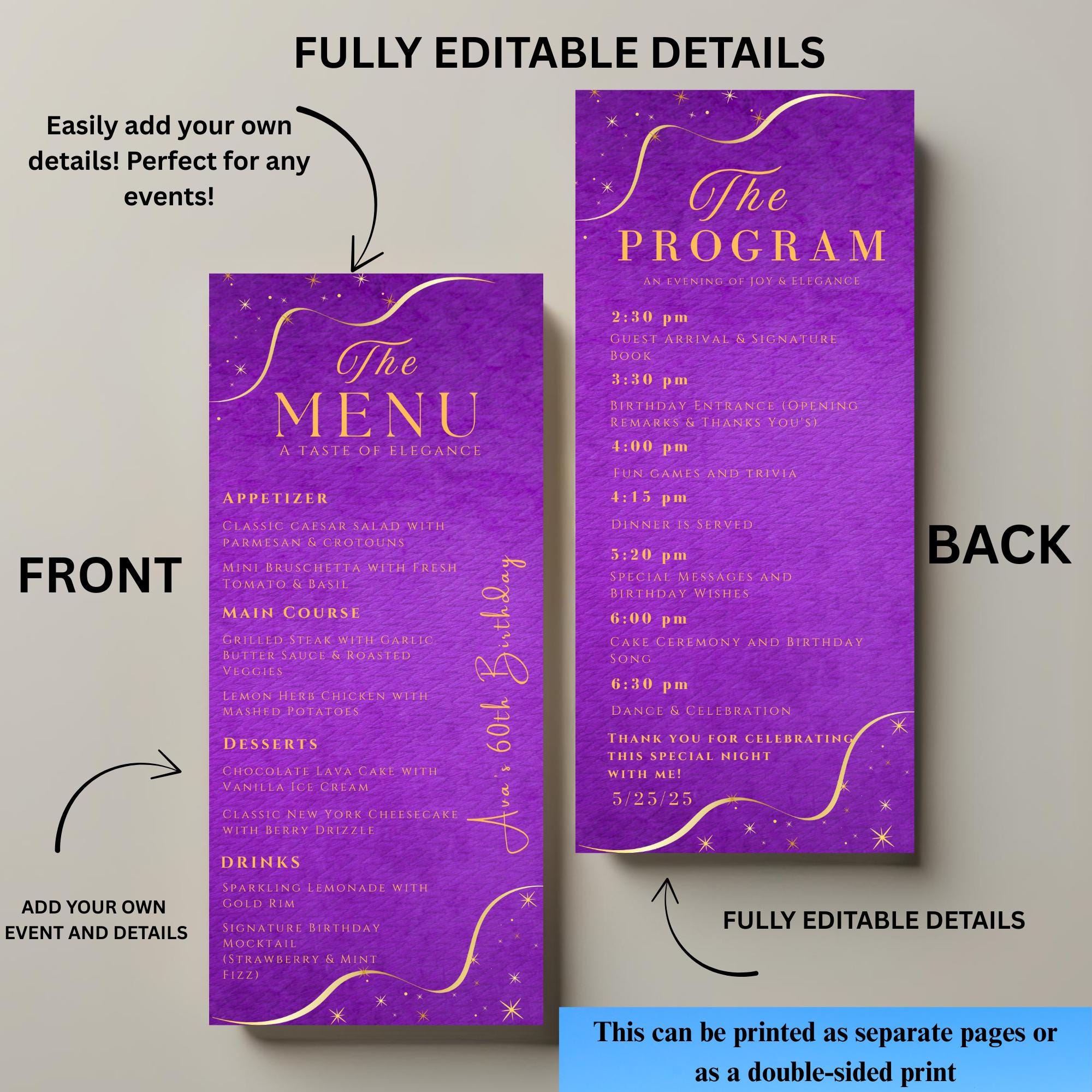 Purple Menu and Program Template, Formal Event Menu Card, Timeline ...