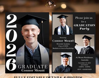 Boy Graduation Announcement Invitation, Class of 2026 Grad Party Invite for Him, High School College Canva Digital Printable Template