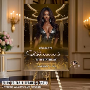 Editable Birthday Welcome Sign Black gold Printable Retirement Party Signs Welcome poster board sign, Luxury party sign with photo Template
