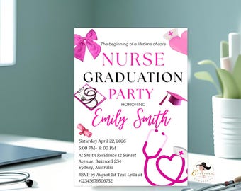 Pink Nurse Graduation Invitation, RN BSN LPN Cna Grad Party Invite, Nursing Pinning Ceremony, Editable Canva Printable Digital Template