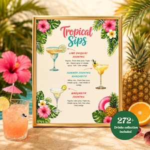 Skylt för sommarmeny med drinkar, skylt för cocktailbar vid poolen, drinkmeny för solnedgångsfest, bordsdekoration för tropisk fest, utskrivbar canvasmall