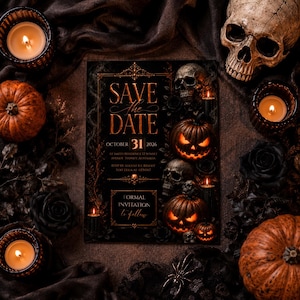 May include: A rectangular Save the Date card with a black background, featuring gold text, skulls, and glowing jack-o'-lanterns. The card displays the text: SAVE THE DATE, OCTOBER 31 2026, AT SMITH RESIDENCE 12 SUNSET AVENUE SYDNEY AUSTRALIA, RSVP BY AUGUST 17, KINDLY TEXT LEILA AT +1234567, FORMAL INVITATION to follow.