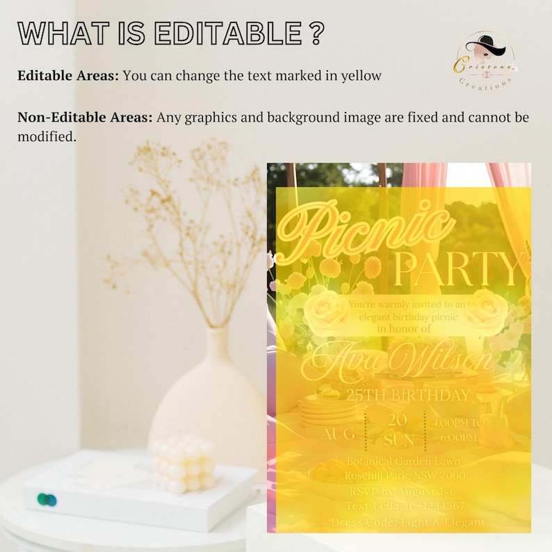 This listing photo highlights what is editable and what is not. Please refer to the instructions in the image for details.