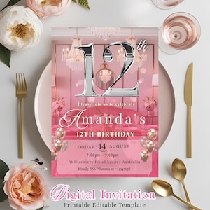 Convite rosa para aniversário de 12 anos para menina, convite digital para festa de aniversário de 12 anos para filha de 12 anos, cartão de aniversário de 12 anos personalizado para impressão
