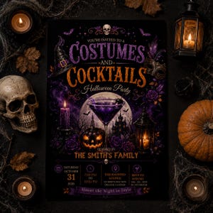 May include: A rectangular Halloween party invitation flyer with a black background featuring the text Costumes and Cocktails, a purple martini, a jack-o'-lantern, a haunted house silhouette, a full moon, and event details for The Smith's Family.