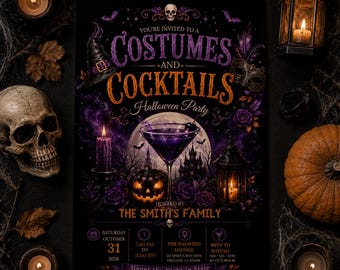 May include: A rectangular Halloween party invitation flyer with a black background featuring the text Costumes and Cocktails, a purple martini, a jack-o'-lantern, a haunted house silhouette, a full moon, and event details for The Smith's Family.