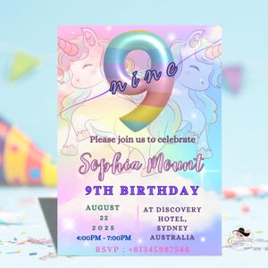 Faire-part numérique 9e anniversaire pour filles, carte de fête imprimable neuf licorne arc-en-ciel, neuvième invitation pastel modifiable, modèle rose et violet