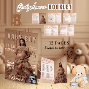 Folleto de actividades para baby shower con temática de oso pardo, paquete de juegos Oh Baby, folleto para niña o niño, estilo revista con foto, plantilla imprimible para decoración de fiestas.