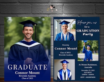 Blue Graduation Invitation, Boy Senior Grad Party with photos invite, Male College High school Graduates Announcement Card Flyer Template