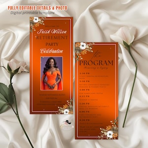Könnte beinhalten: Digital druckbare Vorlage für Einladung und Programm zur Ruhestandsfeier. Die Einladung hat einen orangefarbenen Farbverlauf, florale Akzente und den Text "Welcome to Trish Wilson Retirement Party Celebration". Das Programm listet den Zeitplan der Veranstaltung auf.