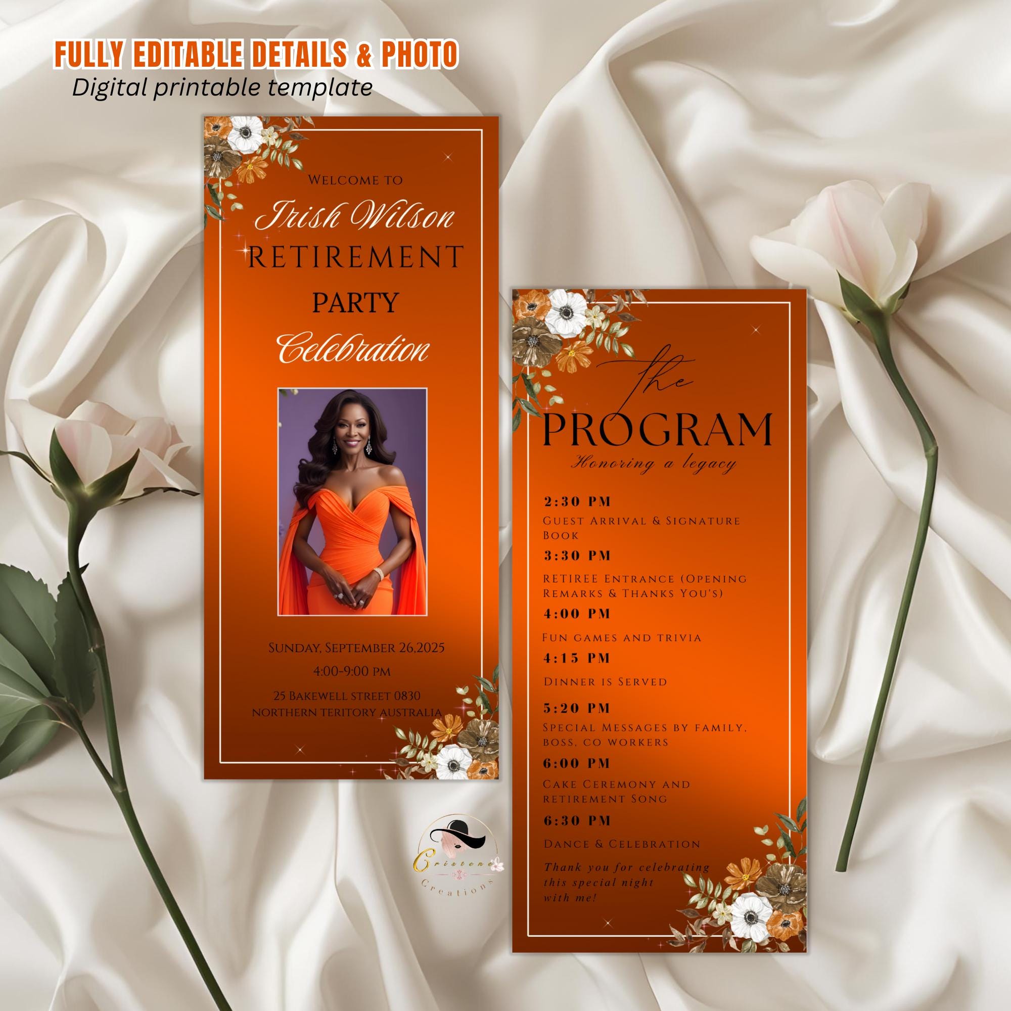 Retirement Party Program Sample Programs Script Retirement Program Template With Photo, Orange Floral Event Program ...