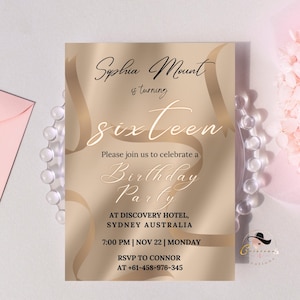 EDITIERBARE SWEET SIXTEEN Geburtstagseinladung, digitale 16. eleganter brauner Geburtstag einladen für Teen Girl, druckbare Partykarte, sofortiger Download