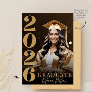 Elegant Grad party invitation for female class 2026 college, senior or high school is ideal for her, daughter, women or a friend that is graduating this 2025. This editable Black gold Graduation invite makes your event extra special. Easy to customized using your canva account. Personalized it in your own with a lifetime access to the PDF link after purchase. This Graduation party invite with photo is digital for social media platform sharing and printable for easy printing at home.