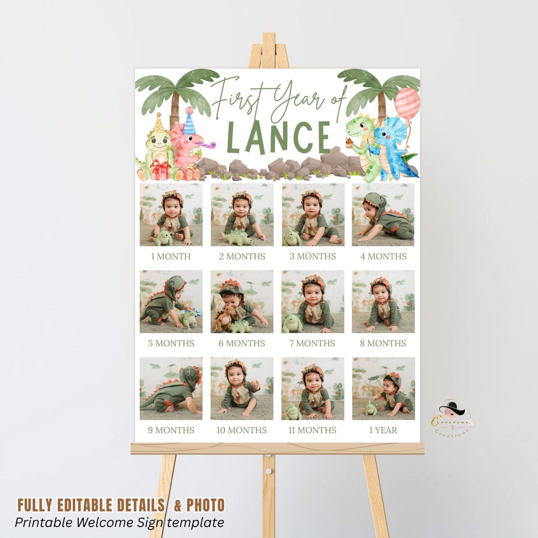 Dinosaur 1st Birthday Milestone Photo, First Year Picture Poster Sign ...