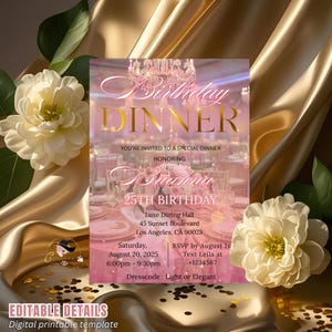 Digital Birthday Dinner Invitation Pink Elegant Dinner party invite Adult Glam Luxury Birthday Dinner Template Women Floral Dinner invite