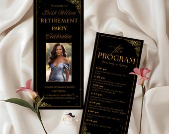 Retirement Party Program Template Black Gold Birthday Program card with photo, Printable Order of Events Editable Adult Dinner Party Program