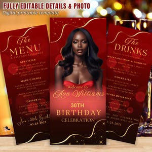 Plantilla editable de menú y bebidas para cena de cumpleaños Tarjeta de menú en dorado rojo con imagen Menú elegante para fiesta Menú imprimible de brunch para aniversario Bebida