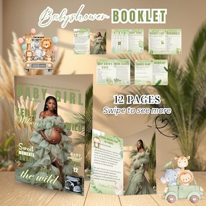 May include: A baby shower booklet with the text "Babyshower BOOKLET" and "BABY GIRL". The booklet features a photo of a pregnant woman and includes 12 pages of games and activities. A decorative car with animal figures is also shown.