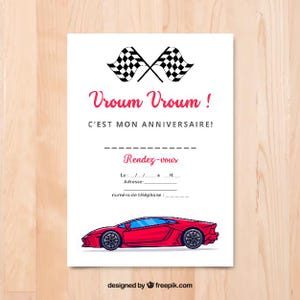 carte d'invitation à un anniversaire sur le thème des voitures de course