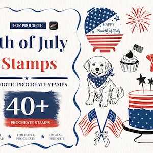4th of July Procreate Stamps Bundle, Patriotic USA Clipart, Independence Day Brushes, American Flag Stamp Pack, Instant Download