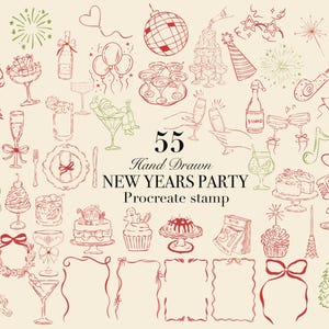 May include: A collection of 55 hand-drawn New Year's party illustrations in red and green, including champagne glasses, cakes, and fireworks. Text reads "55 Hand Drawn NEW YEARS PARTY Procreate stamp". Festive designs for digital art.
