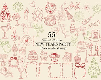May include: Hand-drawn New Year's party Procreate stamp set with 55 festive illustrations in red and green. Includes champagne glasses, cakes, fireworks, and decorative elements. Text reads "55 Hand Drawn NEW YEARS PARTY Procreate stamp".