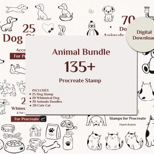May include: An animal bundle digital download featuring 135+ Procreate stamps. Includes 25 dog stamps, 20 whimsical dog stamps, 70 animal doodles, and 20 cute cat stamps. The image shows various dog breeds and other animals.