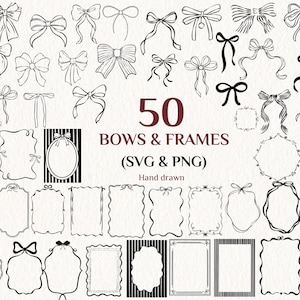 Lot de 50 cadres et nœuds dessinés à la main (SVG/PNG), bordures clipart dessinées à la main, cadres et nœuds style gribouillis, bordures fantaisistes pour invitations de mariage