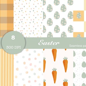 May include: Eight digital paper patterns in pastel colors with Easter themes. The patterns include gingham, stripes, hearts, polka dots, carrots, eggs, and a combination of eggs and polka dots.